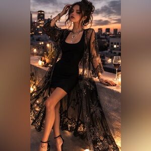 Origami by Vivian Sheer Embroidered Black Duster Unique Beaded Open Front Kimono